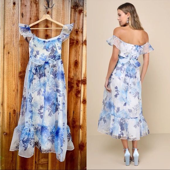 White and Blue Floral Organza Off-the-Shoulder Midi Dress ๐ฟ - Picture 2 of 10